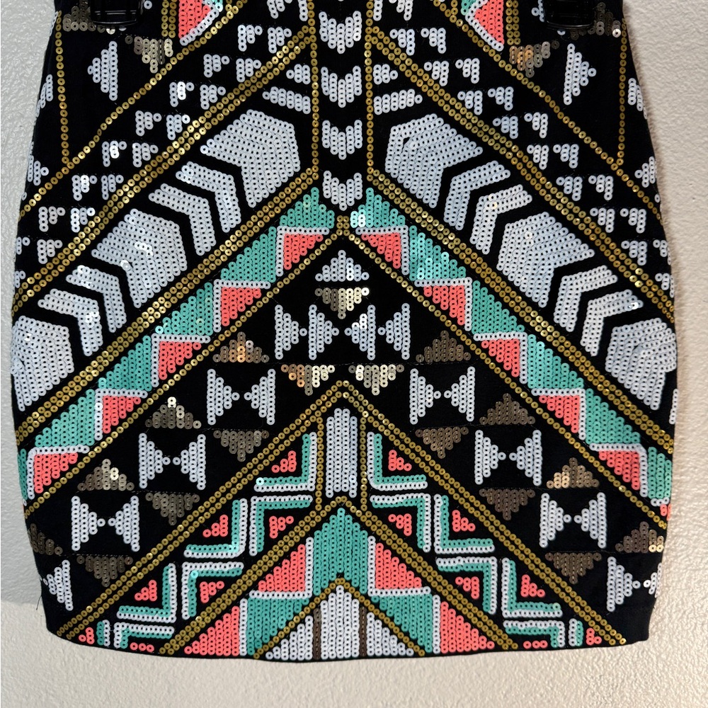 Express XS Sequin Geometric Mini Skirt Black Multicolor Party Clubwear Y2K